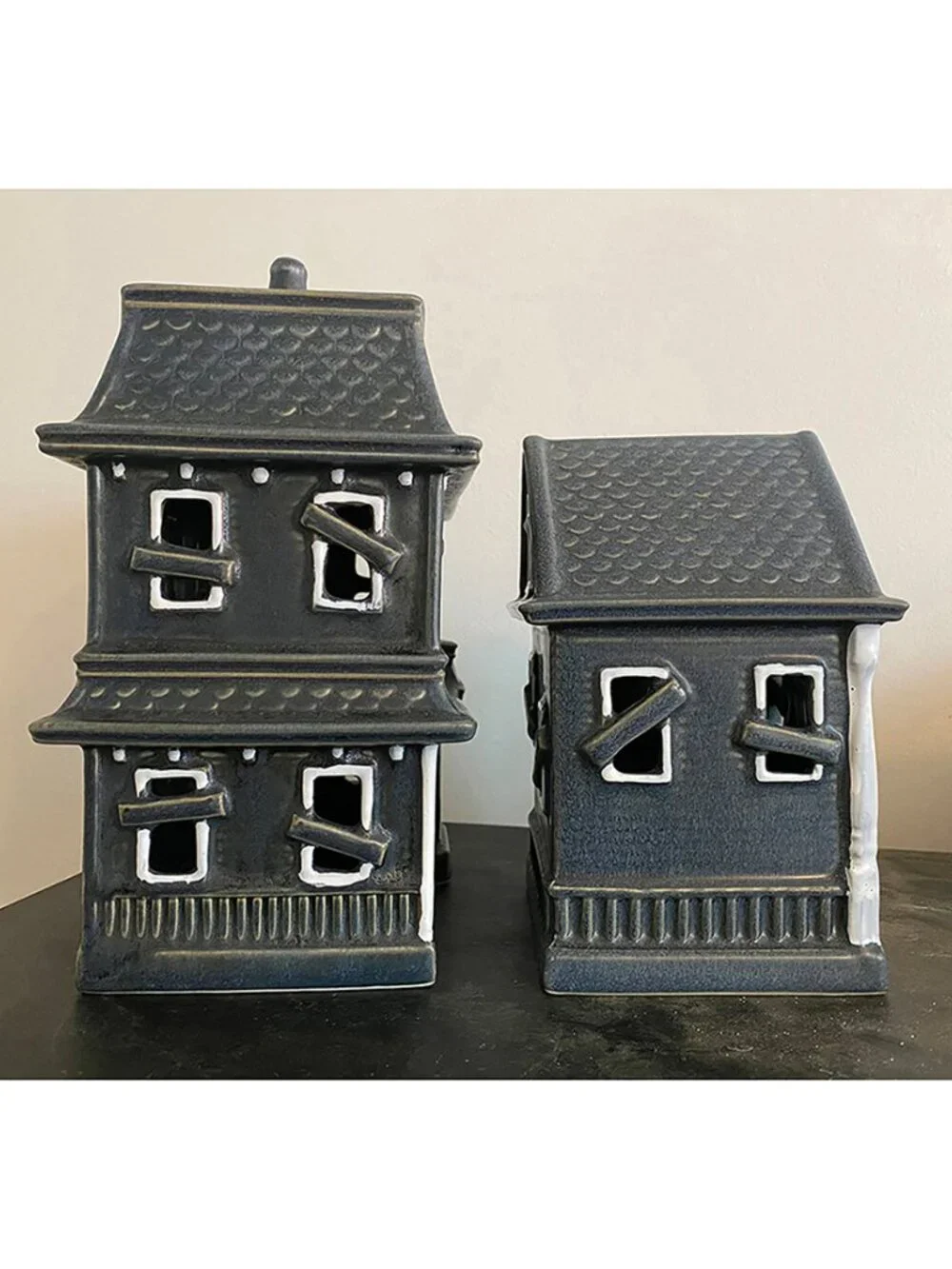 NEW Pottery Barn Ceramic Haunted Houses 2 Pc SET Small-Medium Halloween Decor